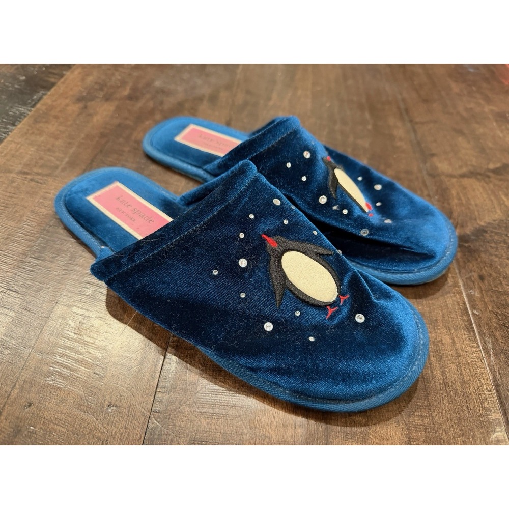 Kate Spade Blue velvet Slipper "Jolie" Winter Penguins rhinestone 8.5‎